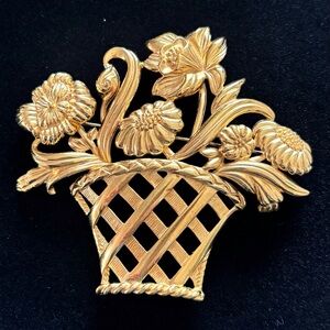 Vintage Monet Gold Basket Brooch with Flowers